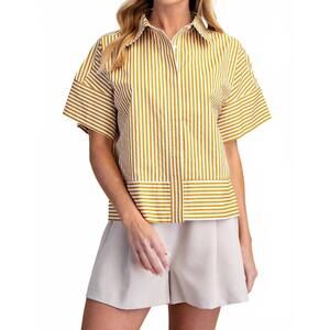 NEW GLAM neck band short sleeve button down top in yellow